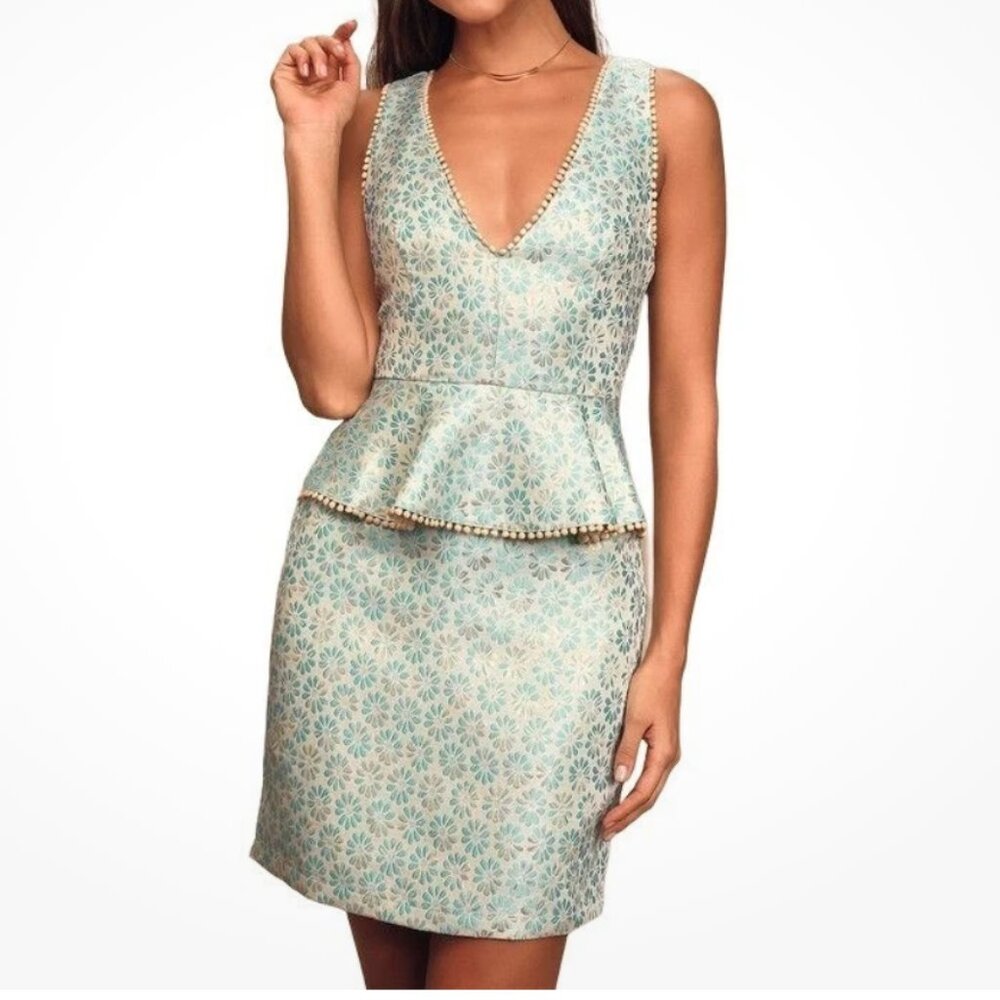 NEW! Lulus Peplum Mini Dress‎ Low V-Neckline XS Lined Sleeveless Pom Pom Trim
